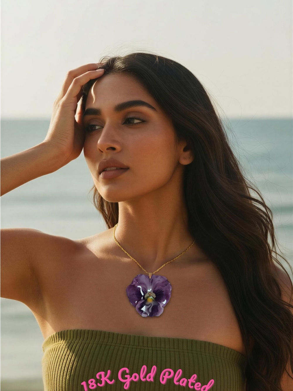 18K Gold-Plated Necklace with Purple Pansy Pendant